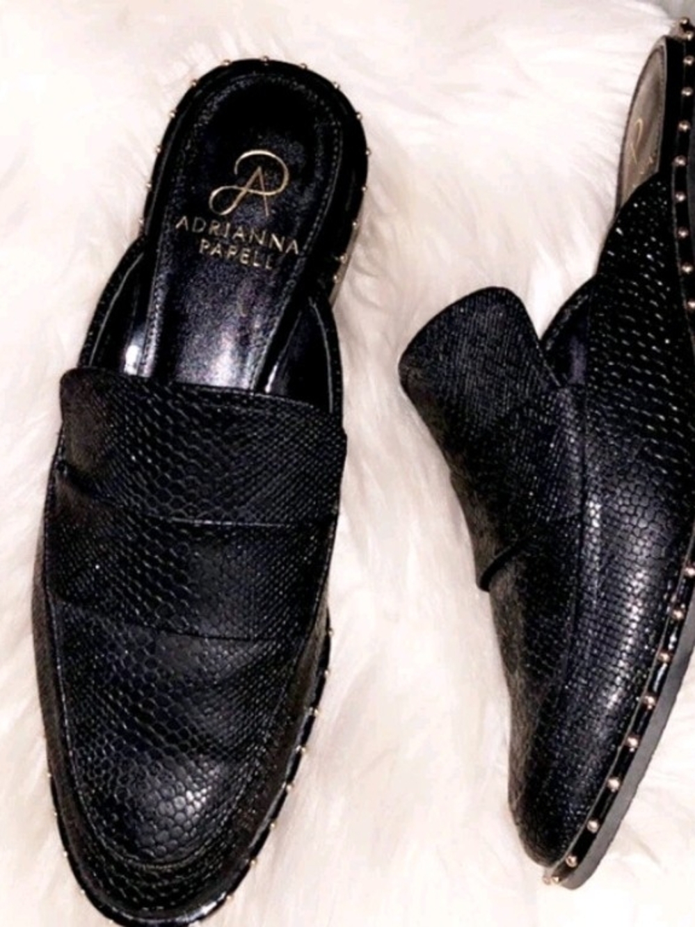 Adrianna Papell Black Textured Slip-On Loafers with Stud Trim